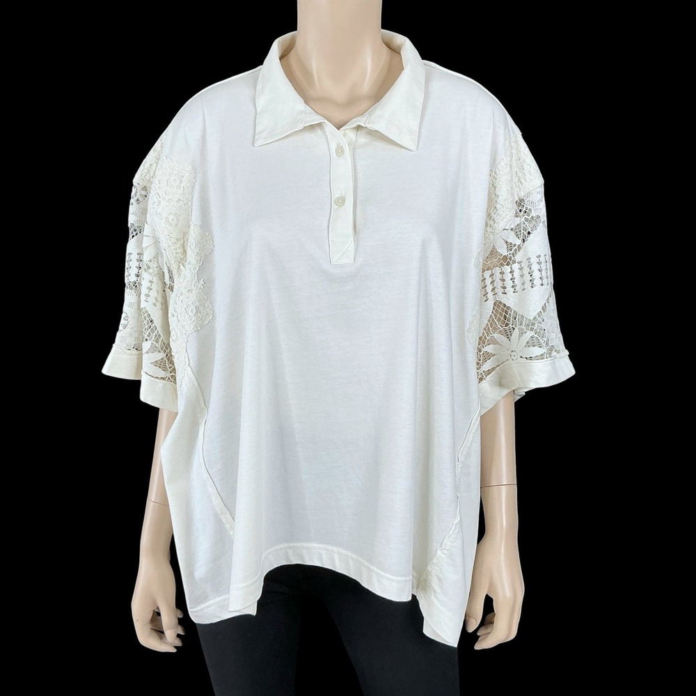 LOGO Lavish Polo Shirt Women XL Ivory Short Sleeve Collar Button Lace‎